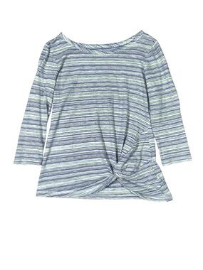 T by Talbots Striped Jersey T-Shirt Women's SP Blue Gray 3/4 Sleeve Twisted Hem